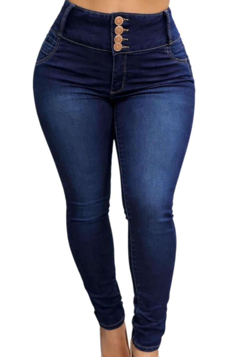 Blue jeans with button details on a white background