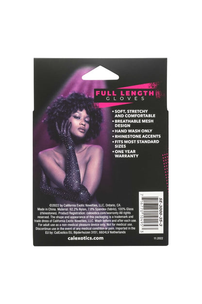 Product packaging for full-length gloves with model image and text on a white background