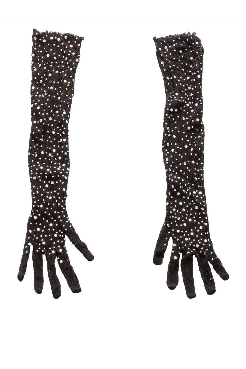 Pair of black gloves with white rhinestone embellishments on a white background