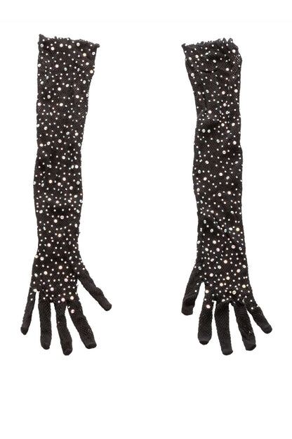 Pair of black gloves with white rhinestone embellishments on a white background
