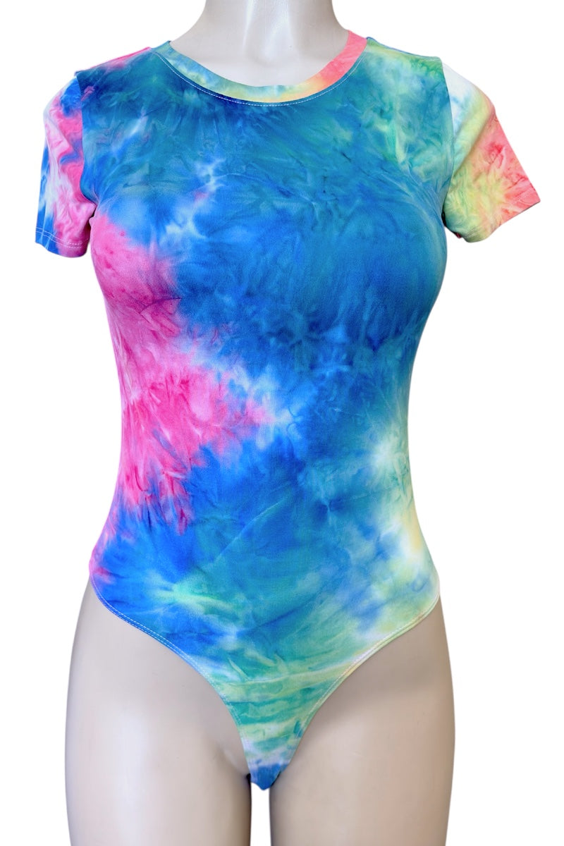 Multicolored tie-dye bodysuit on a mannequin against a white background