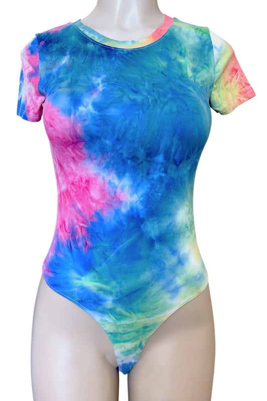 Multicolored tie-dye bodysuit on a mannequin against a white background