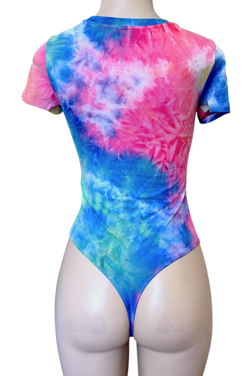 Tie-dye bodysuit with pink and blue colors on a white background