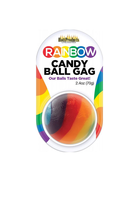 Rainbow candy ball gag packaging with colorful label on a white background