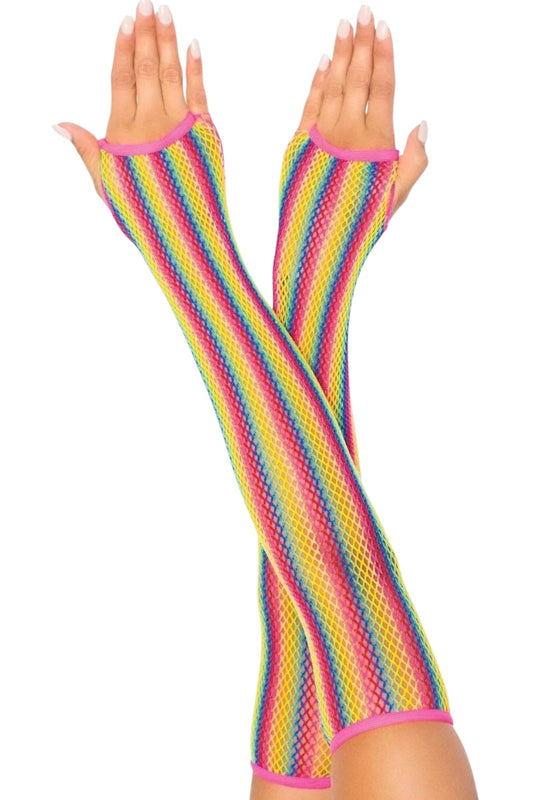 Rainbow striped fishnet gloves on a white background