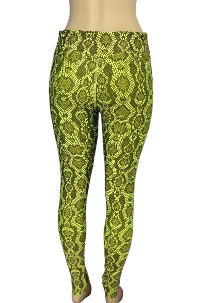 Green snake print leggings on a white background