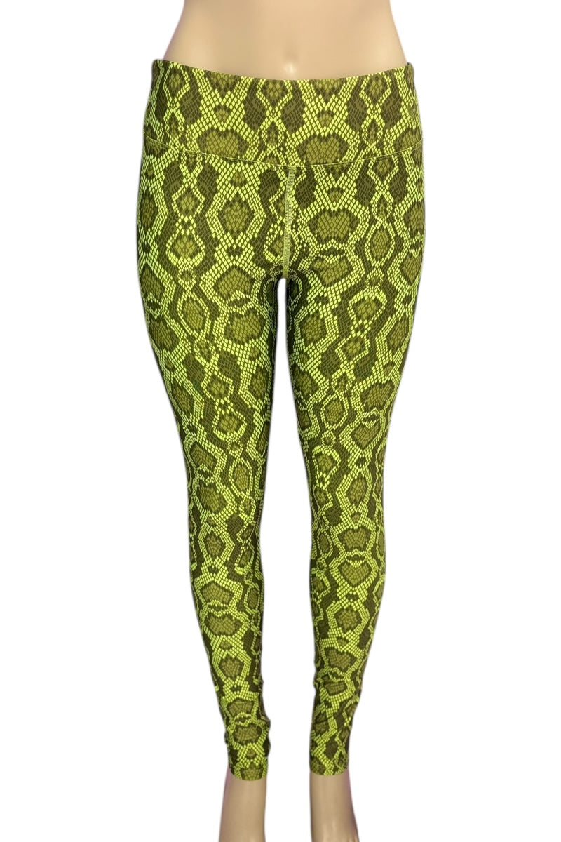 Green snake print leggings on a white background