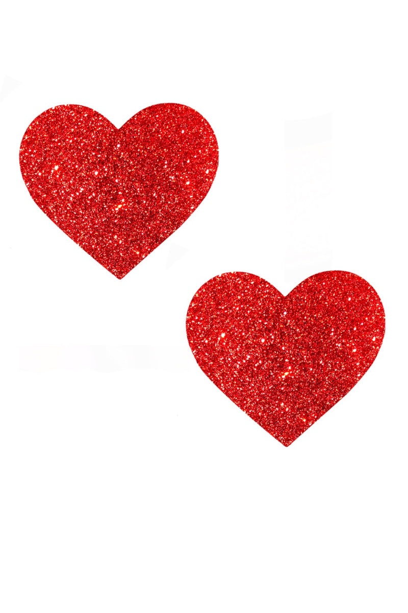 Two red glittery heart shapes on a white background