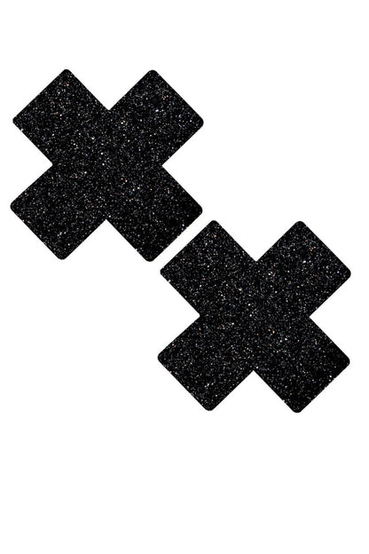 Two black X-shaped pasties on a white background