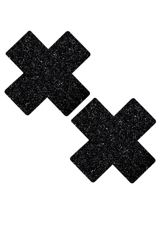 Two black X-shaped pasties on a white background