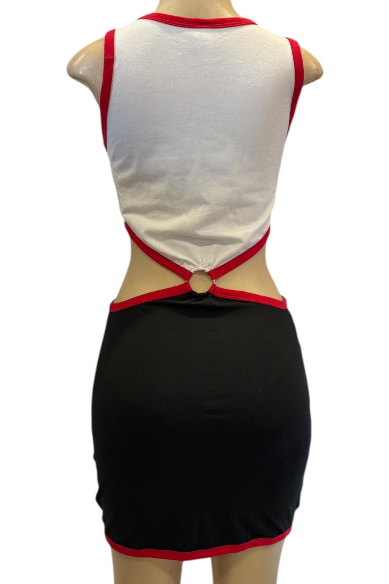 Red and white dress on a mannequin.