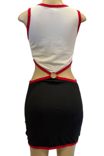 Red and white dress on a mannequin.