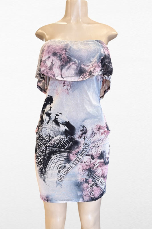Renaissance Print Mesh Ruffled Dress