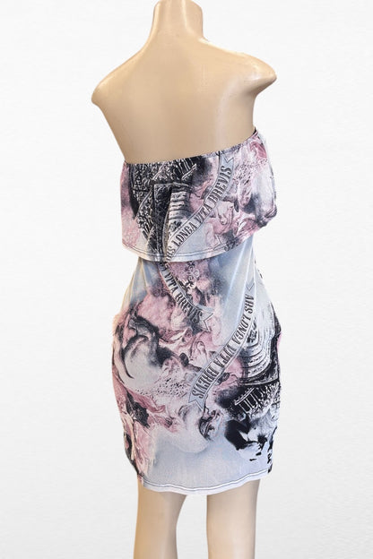 Renaissance Print Mesh Ruffled Dress