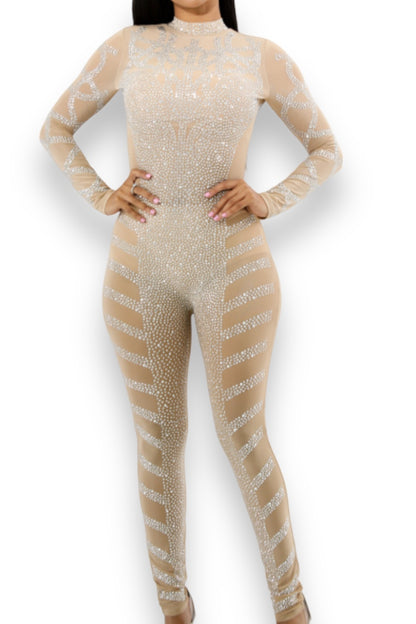 Rhinestone Bodycon Long Sleeve Jumpsuit