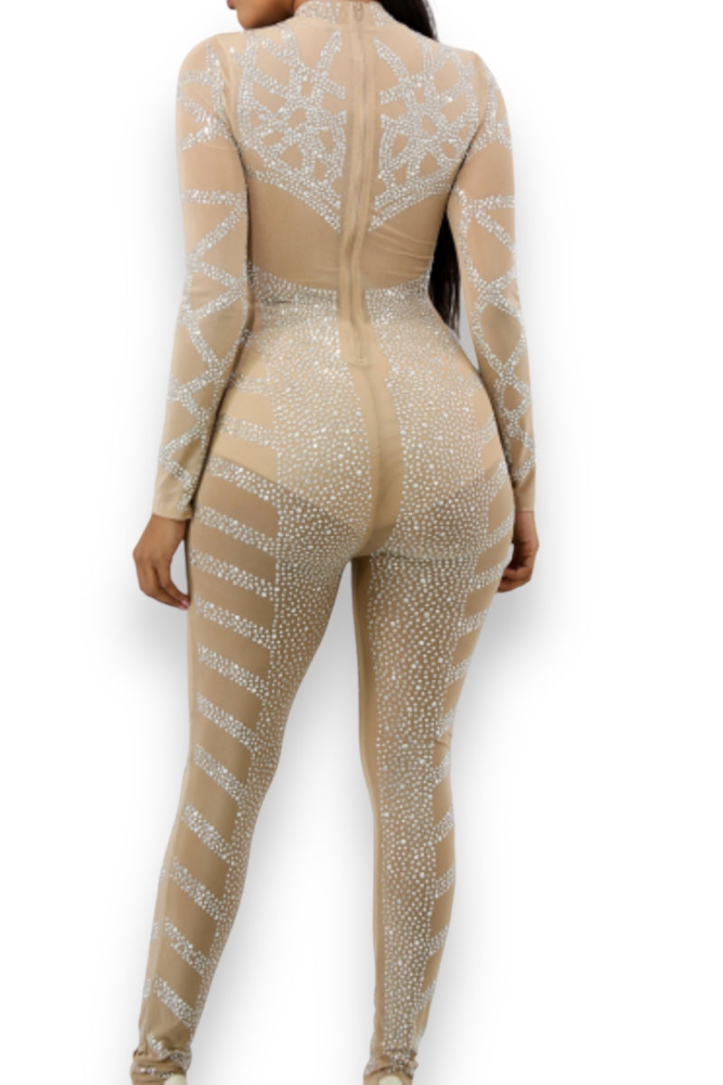 Rhinestone Bodycon Long Sleeve Jumpsuit