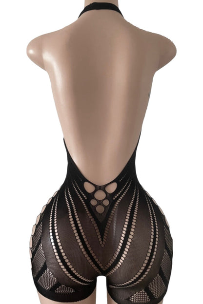 Black fishnet romper on a mannequin with a white background