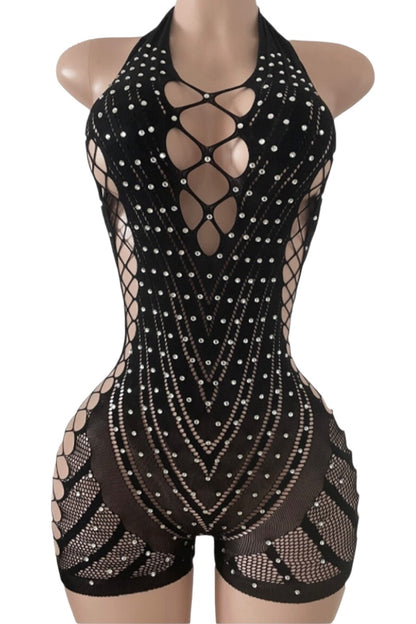 Black mesh bodysuit with rhinestone embellishments on a mannequin against a white background