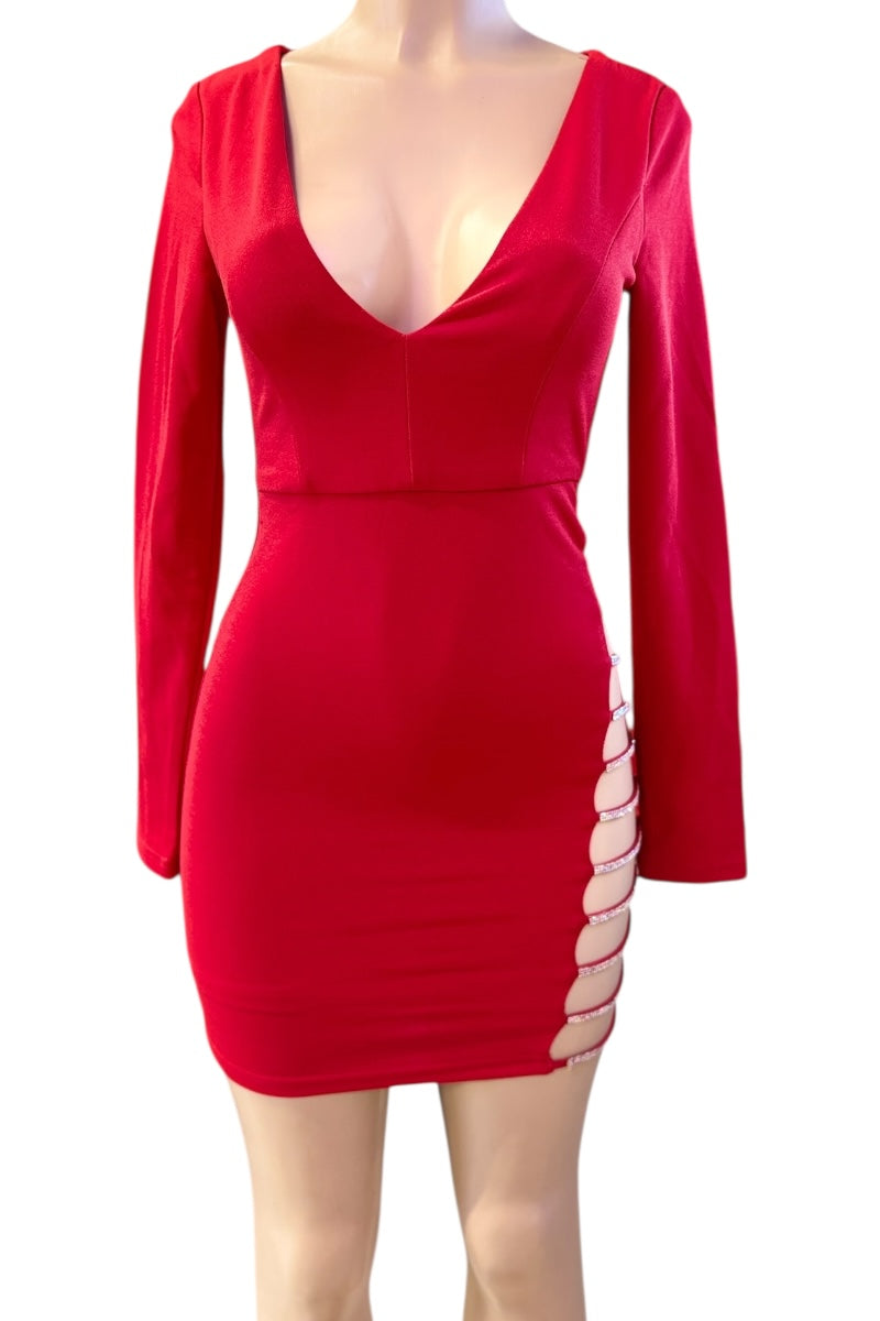 Red dress with long sleeves and cut-out sides on a mannequin against a white background