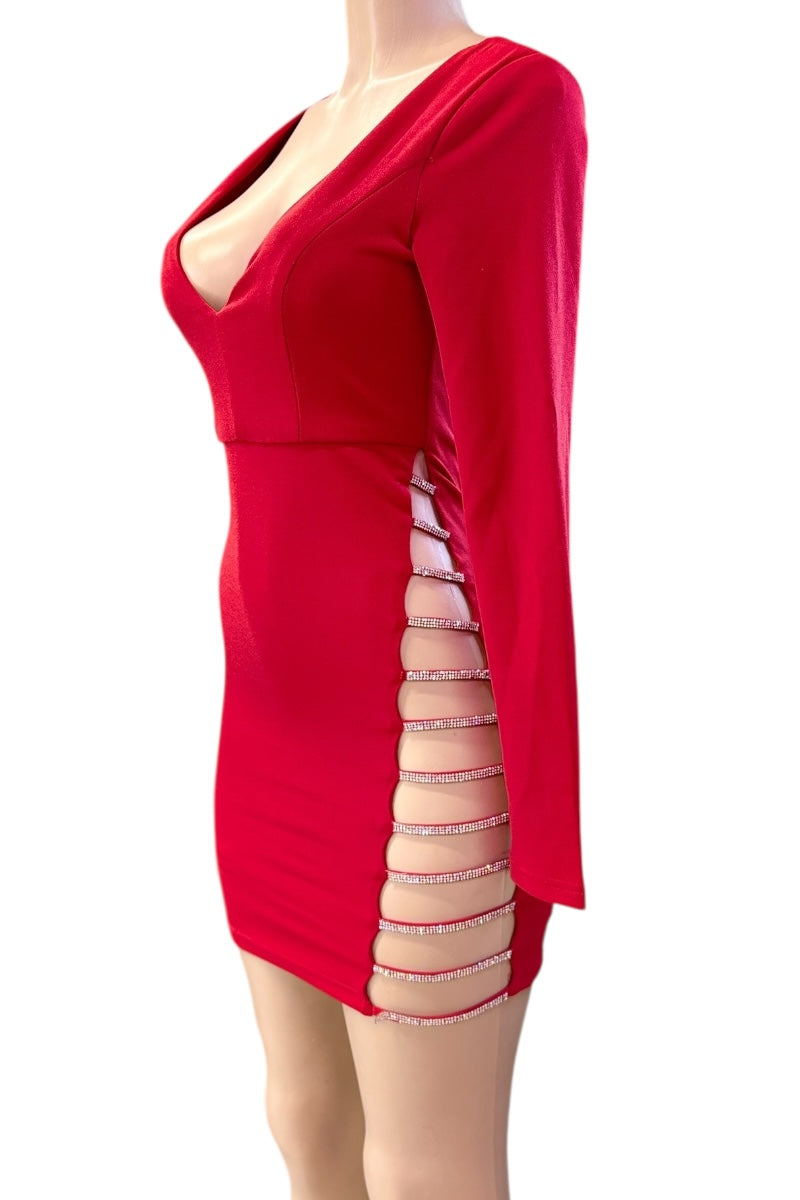 Red dress with a deep neckline and side slits on a white background