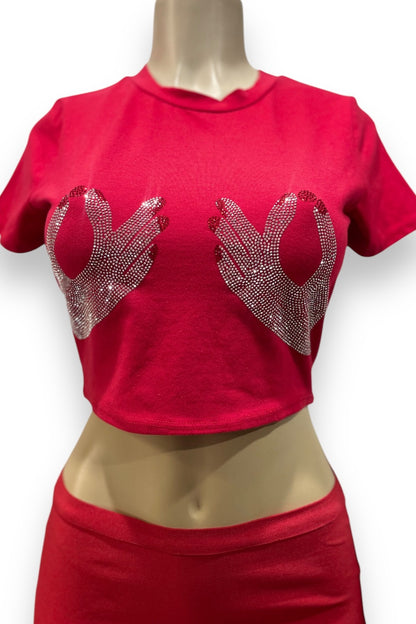 Rhinestone Hands Crew Neck Crop Top