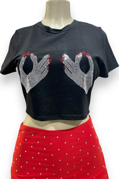 Rhinestone Hands Crew Neck Crop Top