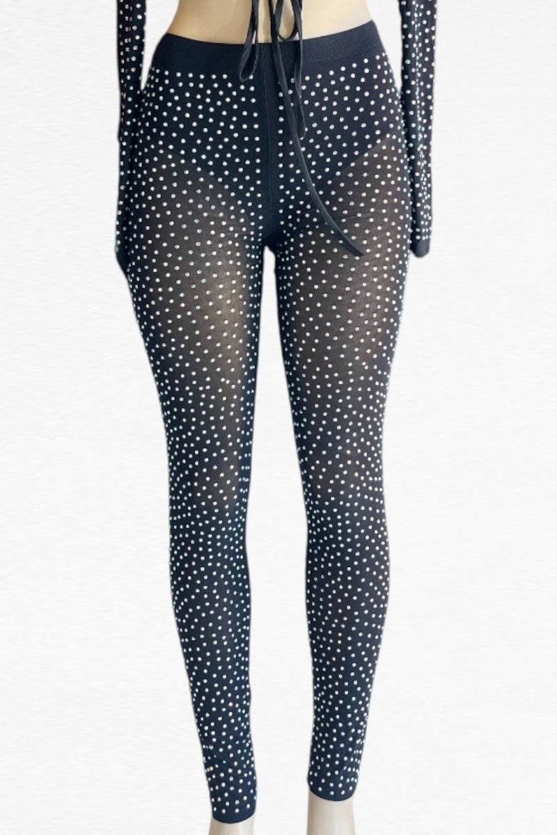 Black leggings with rhinestones on a white background