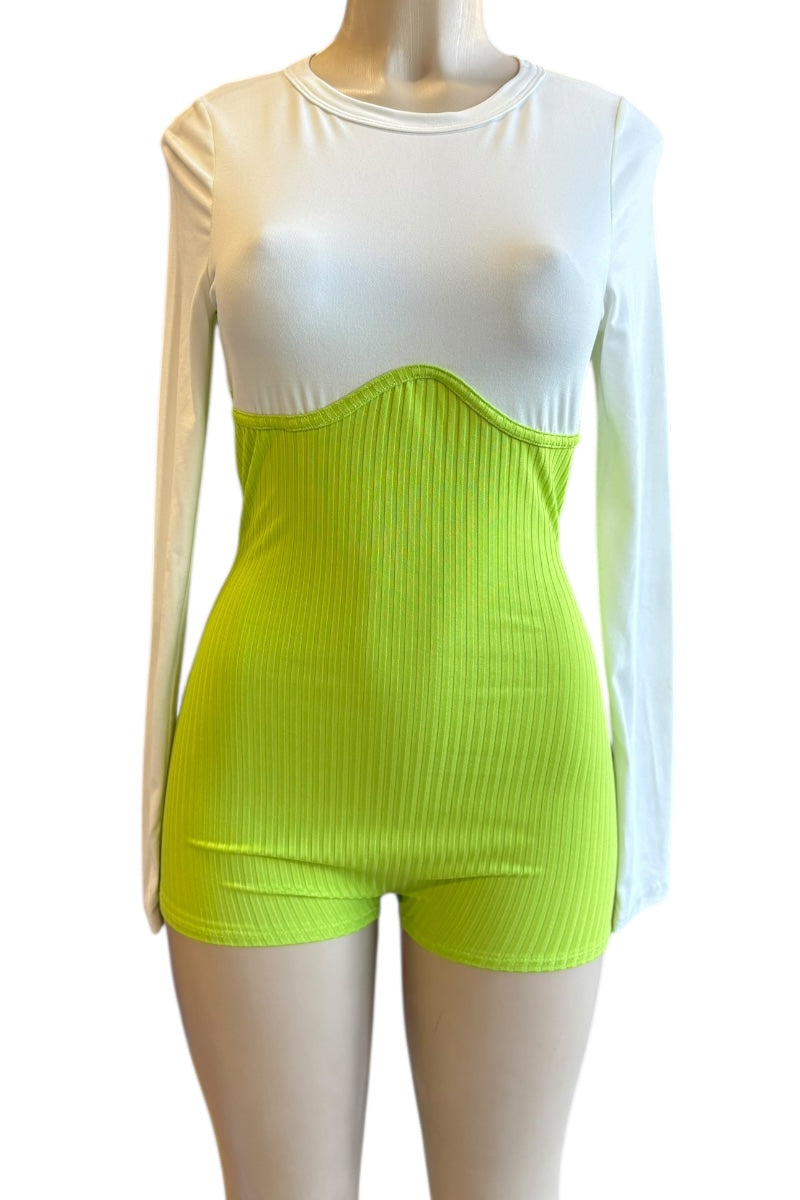 Mannequin wearing a white long-sleeve white and green romper on a white background