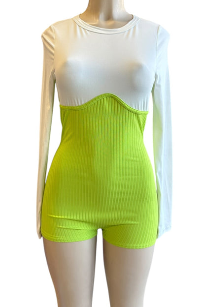 Mannequin wearing a white long-sleeve white and green romper on a white background