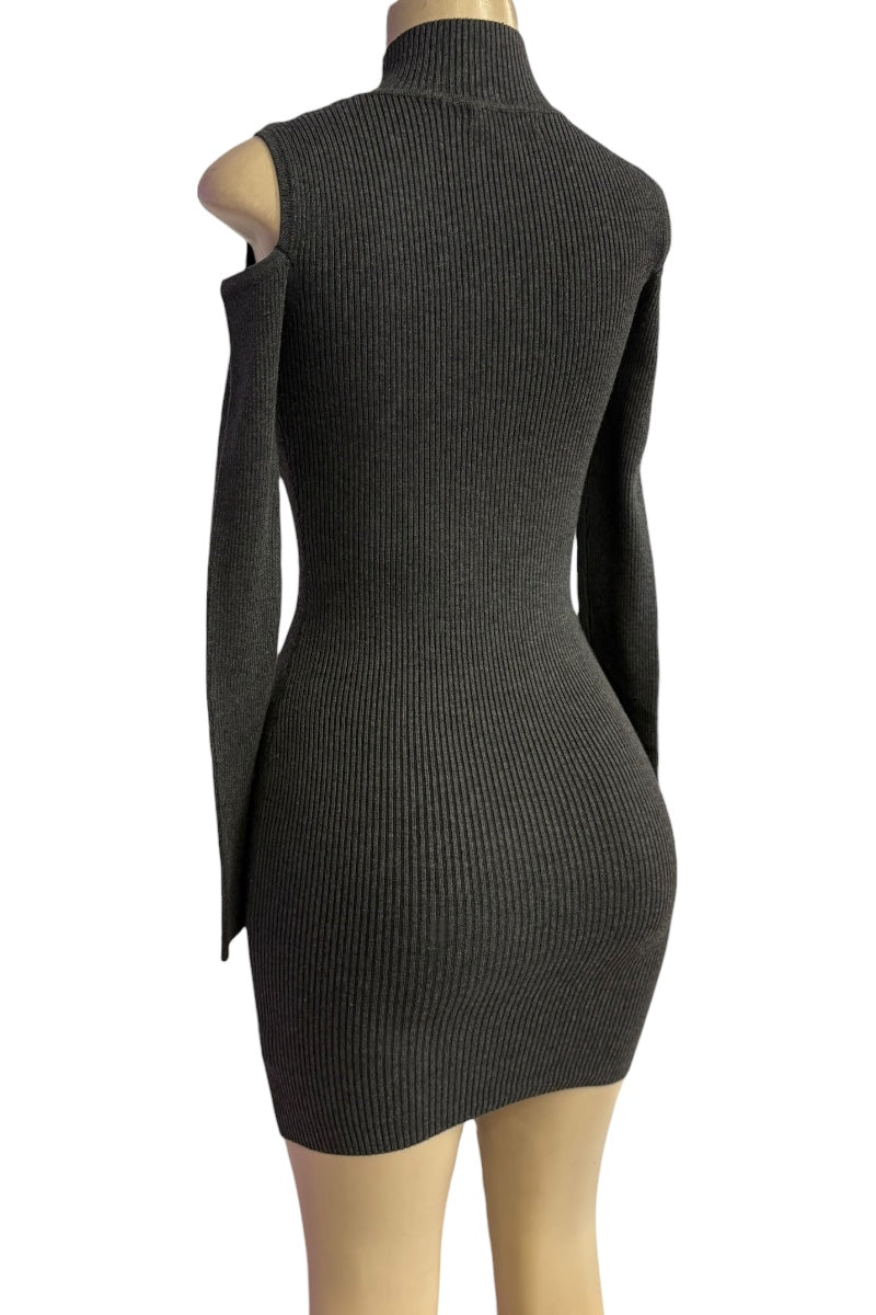 Dark gray ribbed knit dress on a mannequin against a white background