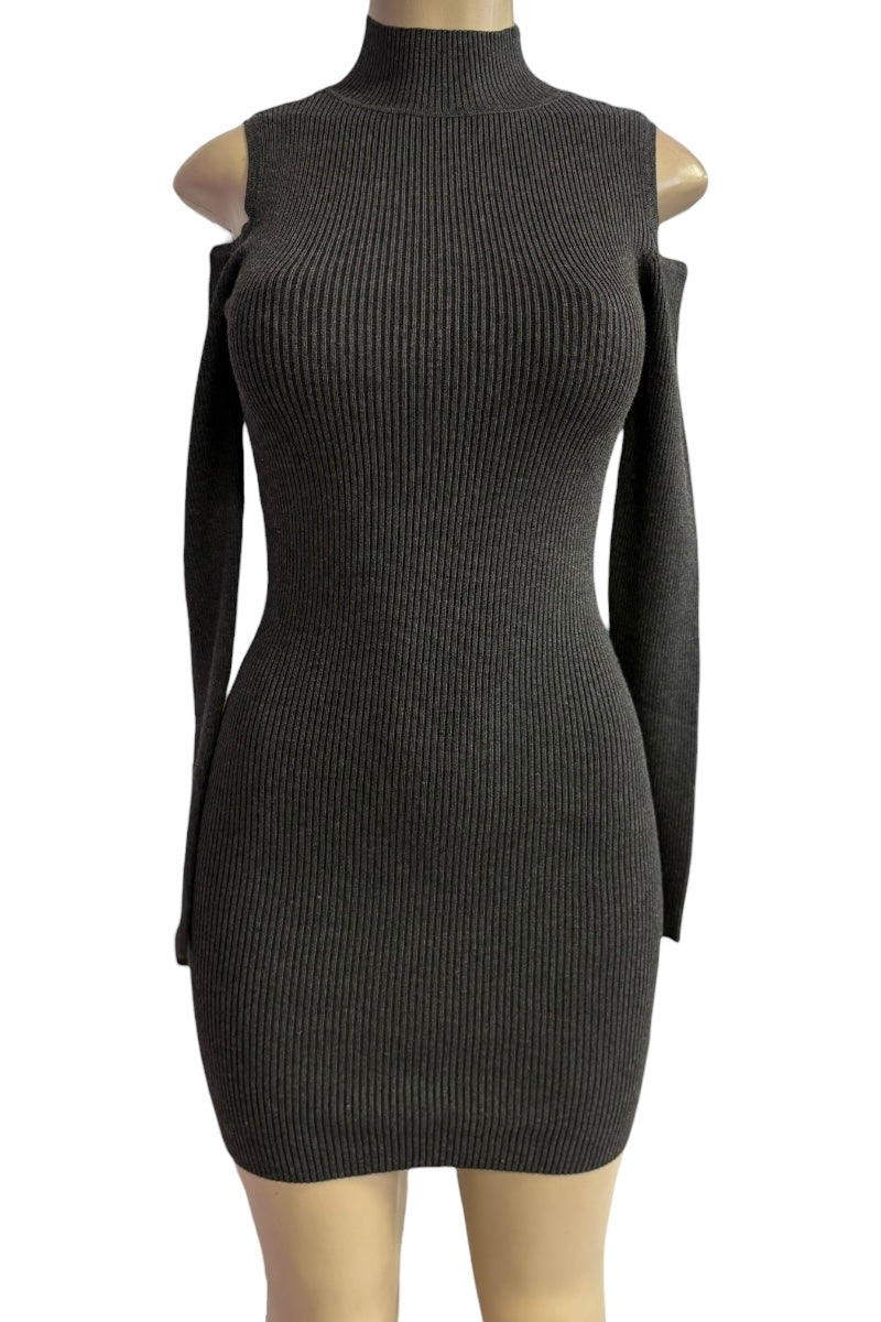 Dark gray ribbed knit dress on a mannequin against a white background