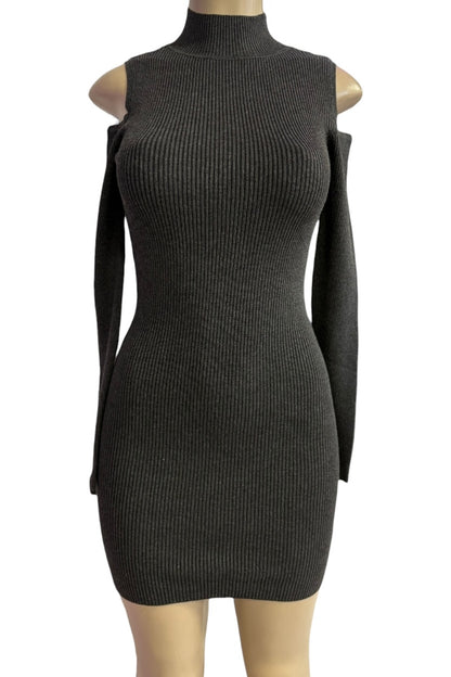 Dark gray ribbed knit dress on a mannequin against a white background
