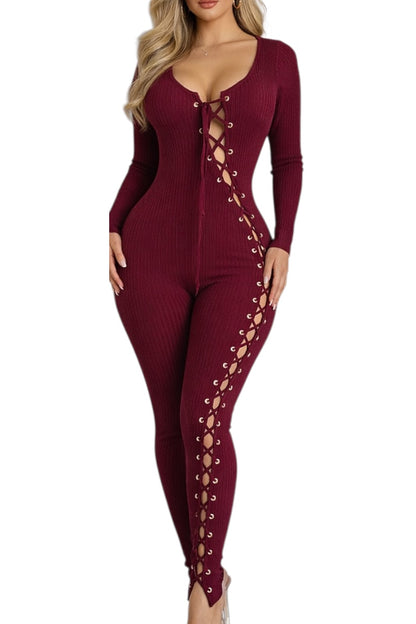 Wine jumpsuit with lace-up details on a white background