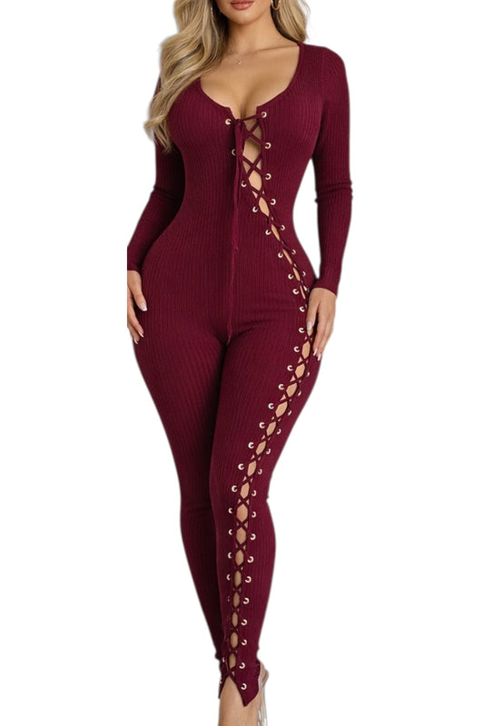 Wine jumpsuit with lace-up details on a white background