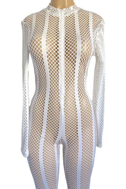 White fishnet bodysuit on a mannequin against a white background