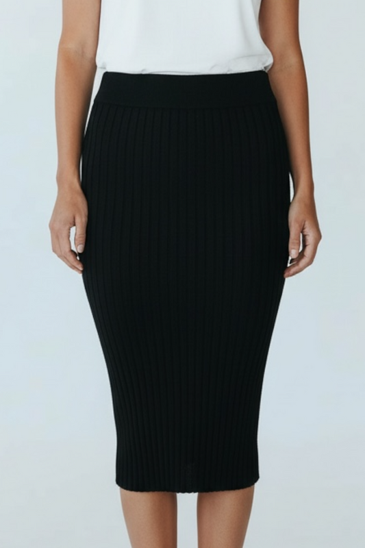 Black pencil skirt worn by a person on a light gray background