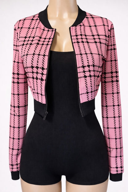 Ribbed Romper W/ Plaid Sweater Set