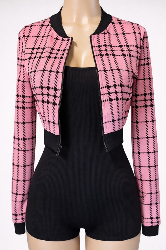 Ribbed Romper W/ Plaid Sweater Set