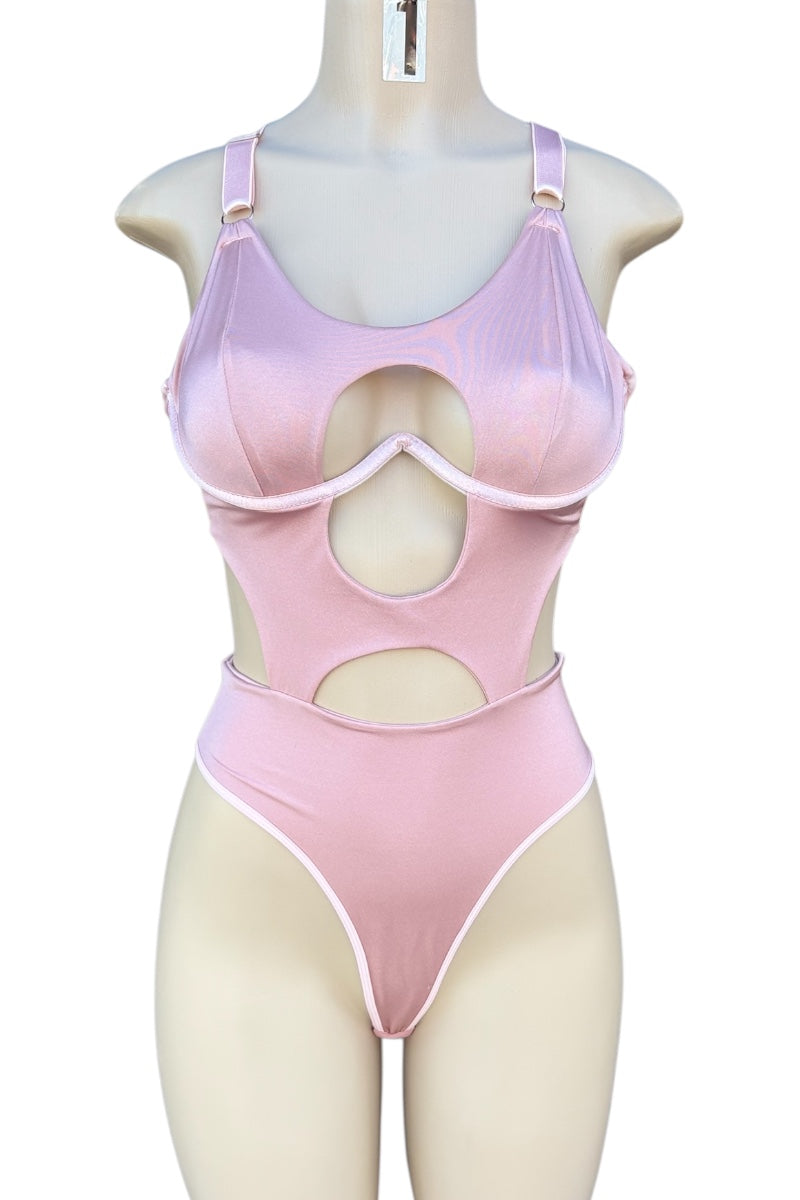 Pink Bodysuit on a mannequin against a white background