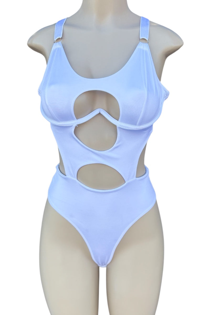 White Bodysuit on a mannequin against a white background