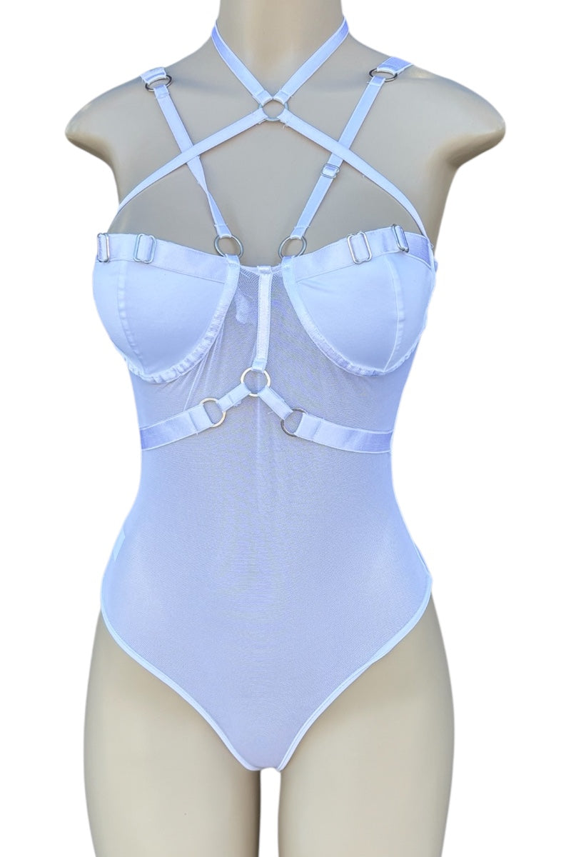 White bodysuit with strappy details on a mannequin against a white background