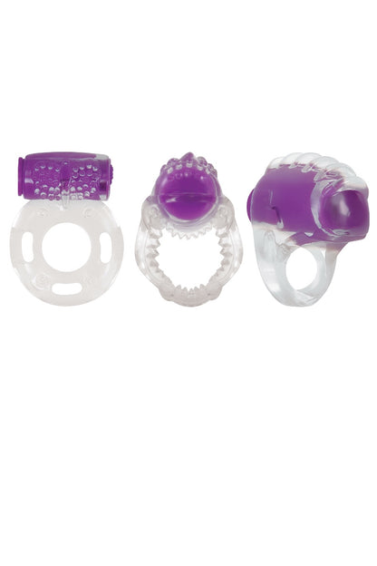 Three purple and clear rings on a white background