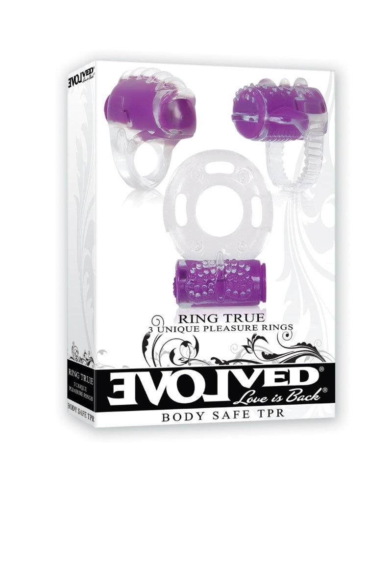 Packaged product with purple and clear rings on a white background