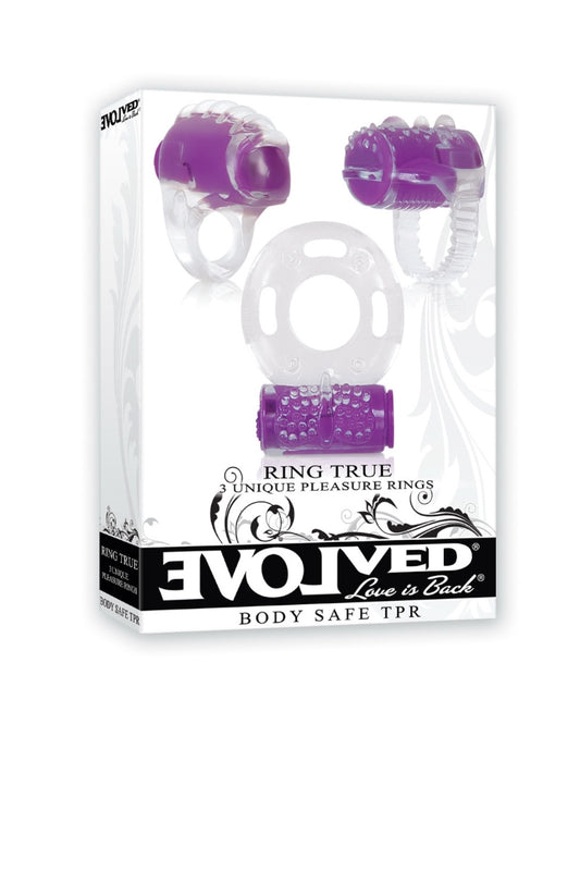 Packaged product with purple and clear rings on a white background
