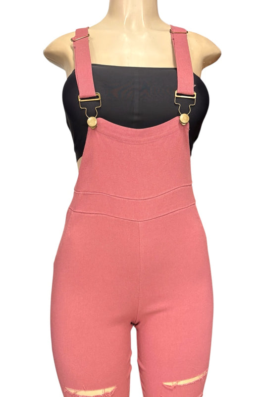 A pink denim overall jumpsuit with adjustable shoulder straps and gold-tone metal hardware, displayed on a mannequin torso over a black top against a white background.