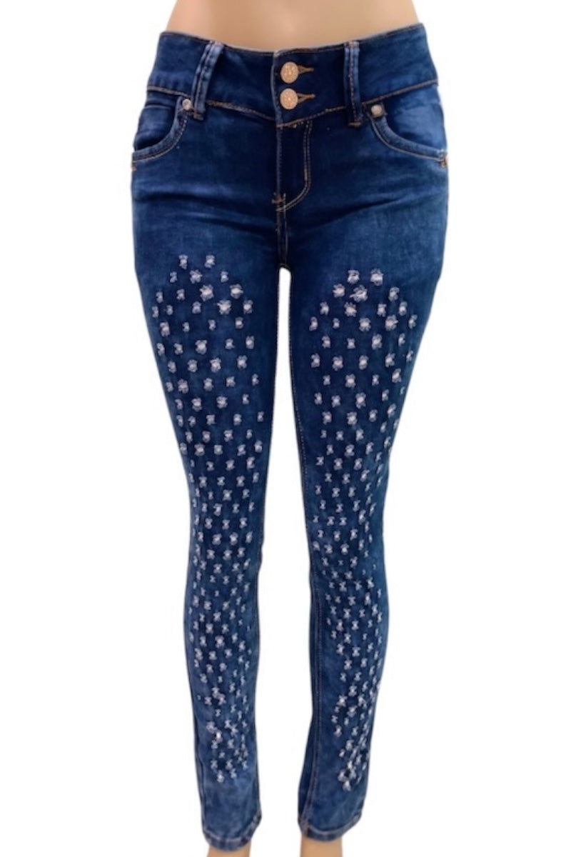 Blue jeans with ripped patterns on a white background