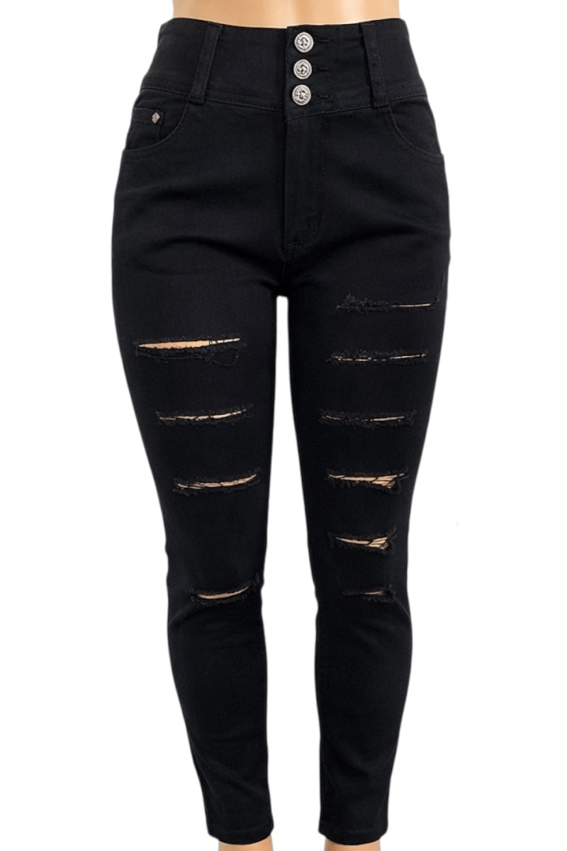 Black distressed jeans on a white background