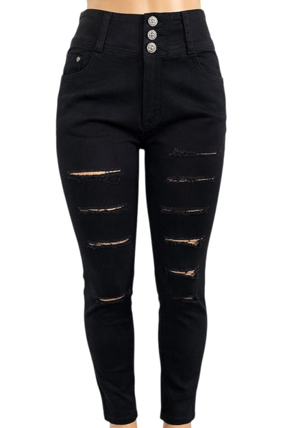 Black distressed jeans on a white background