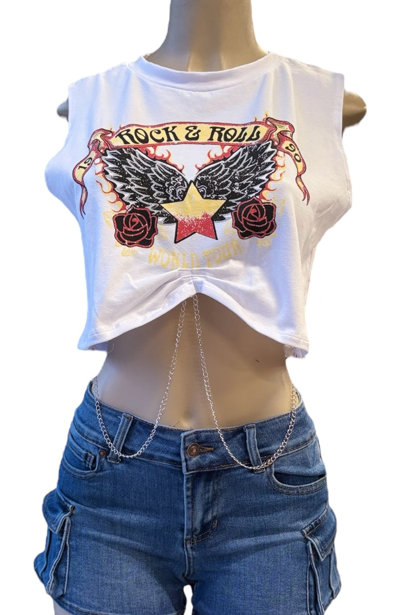 Rock 'n' Roll Graphic Cropped Sleeveless Tee with Chains  - White