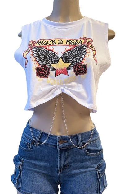 Rock 'n' Roll Graphic Cropped Sleeveless Tee with Chains  - White